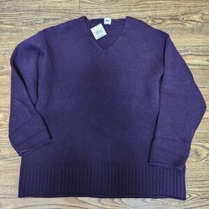 DKNY Classic Women's 100% Lambswool  V-neck Sweater NWT Deep purple Eggplant